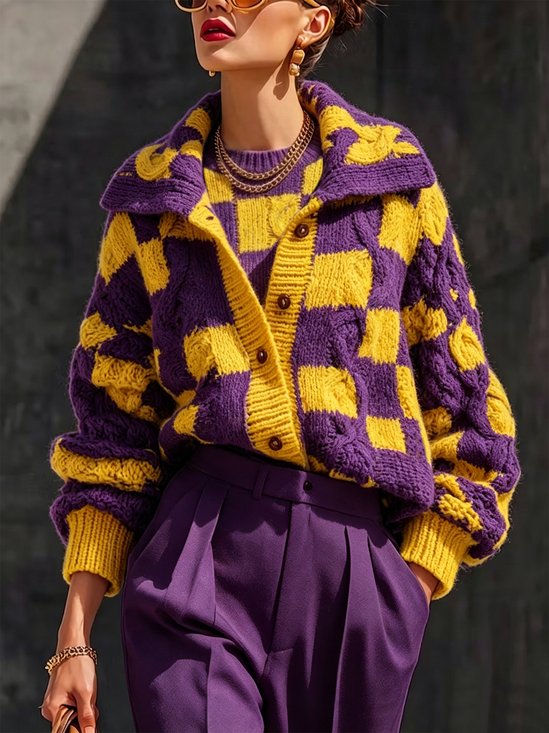 Urban Plaid Buttoned Shawl Collar Sweater Cardigan