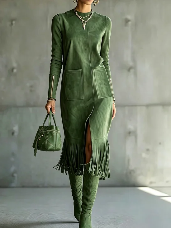 Casual Plain Tassel Crew Neck Midi Dress