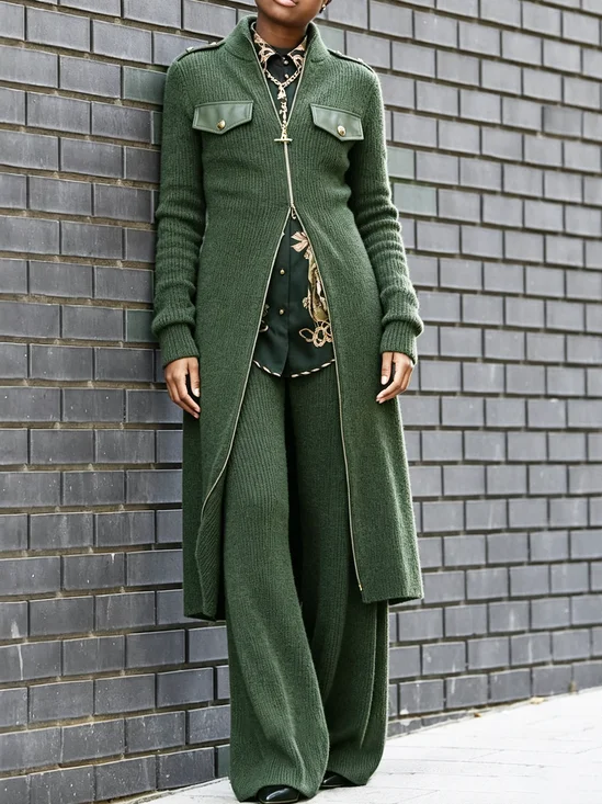 Casual Plain Stand Collar Mid-long Sweater Cardigan