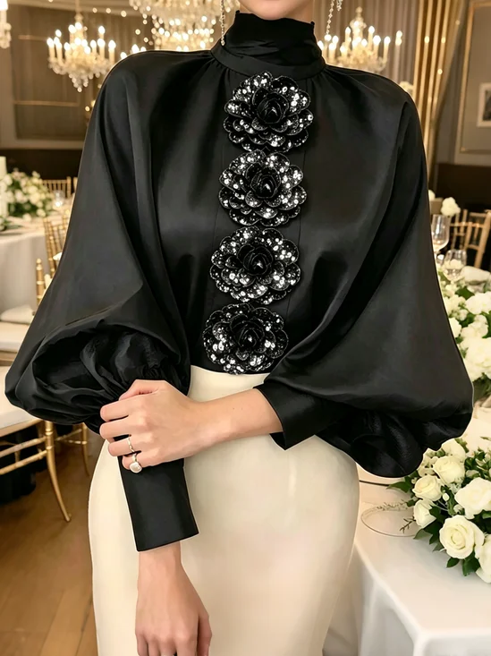 Elegant Plain 3D Floral Stand Collar Balloon Sleeve Blouse