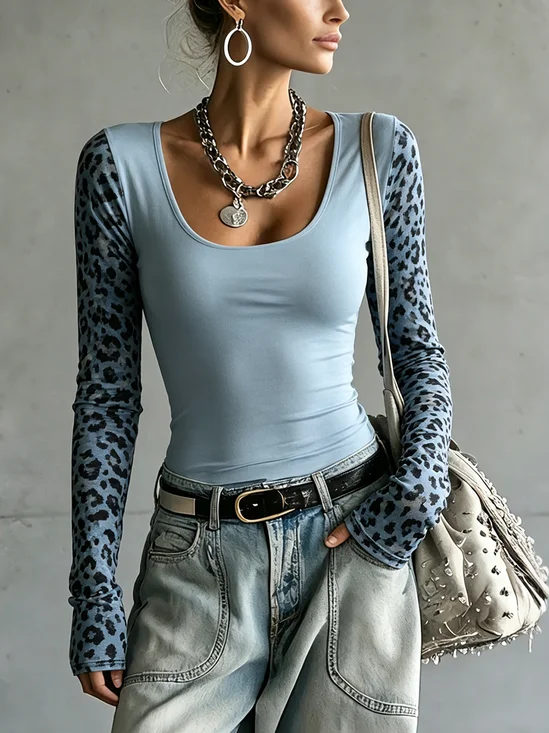 Casual Leopard Printing U-Neck T-shirt