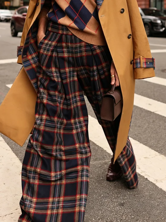 Urban Plaid Printing Wide Leg Pants