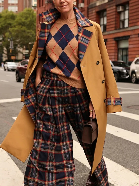 Urban Printing Plaid Lapel Collar Trench Coat