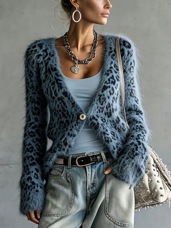 Casual Leopard Buttoned V Neck Sweater Cardigan