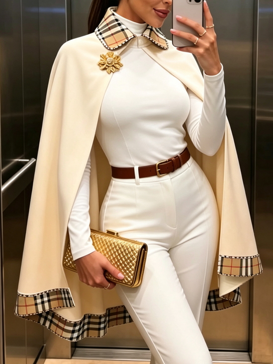 Urban Color Block Shirt Collar Mid-long Cloak  Brooch Not Included