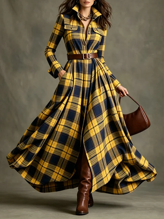 Urban Plaid Printing Shirt Collar Maxi Dress With No Belt