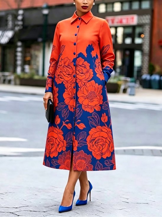 Elegant Floral Printing Shirt Collar Midi Dress