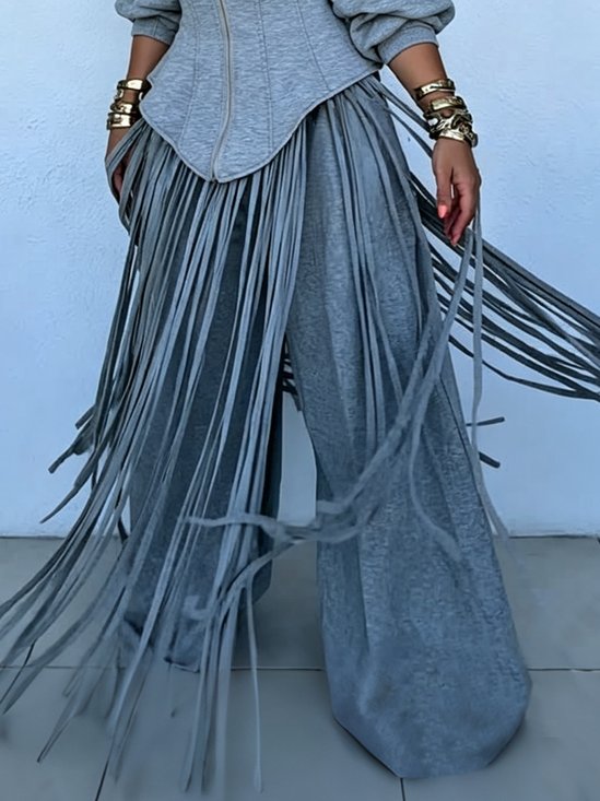 Casual Plain Tassel Wide Leg Pants