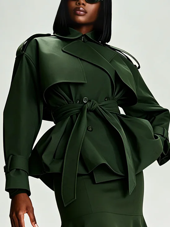 Urban Plain Lapel Collar Jacket With Belt