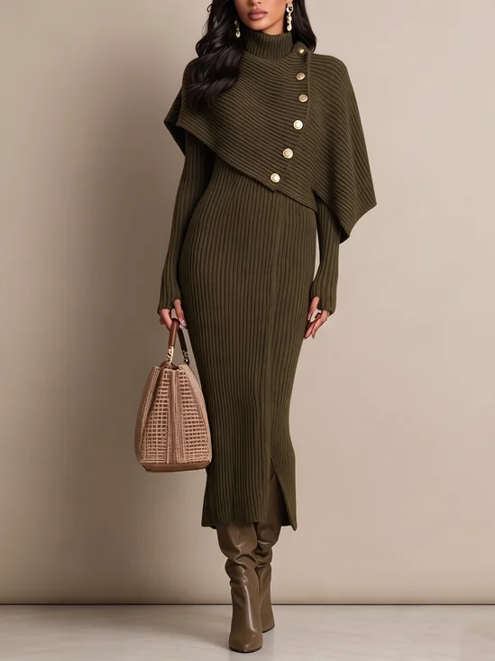 Casual Plain Metal Turtleneck Maxi Dress