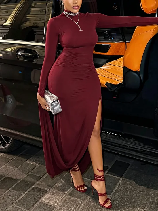 Elegant Plain Asymmetric Mock Neck Maxi Dress