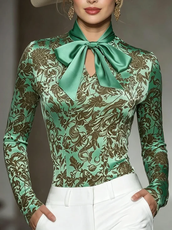 High Elasticity Elegant Floral Tie Neck Blouse