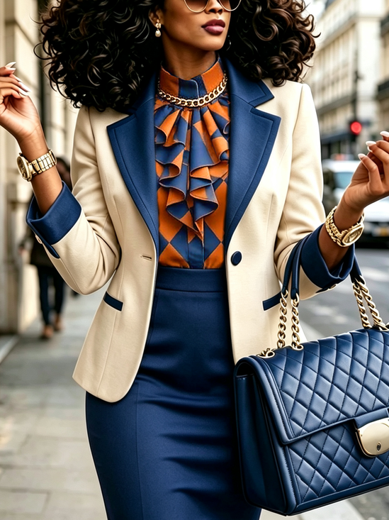Urban Color Block Lapel Collar Blazer
