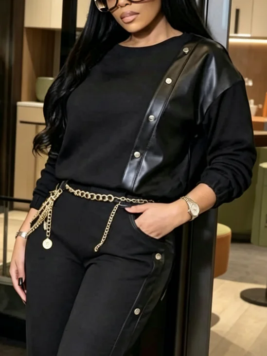Casual Plain Split Joint Crew Neck Blouse