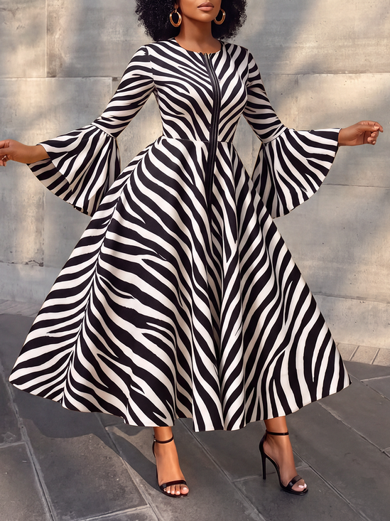 Elegant Animal Print Printing Crew Neck Maxi Dress