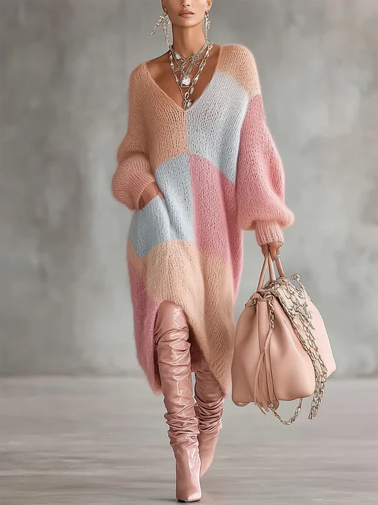 Casual Colorblock V Neck Sweater Midi Dress