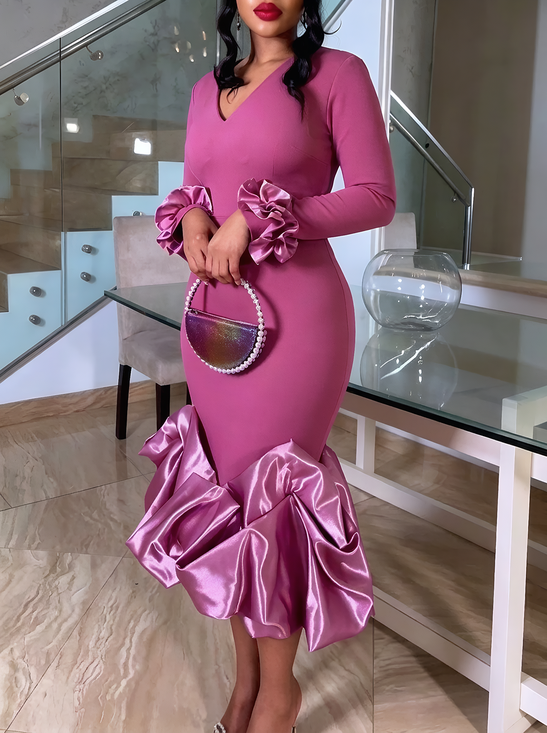 Elegant Plain Split Joint V Neck Maxi Dress