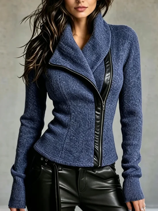 Casual Color Block Split Joint Shawl Collar Sweater Cardigan