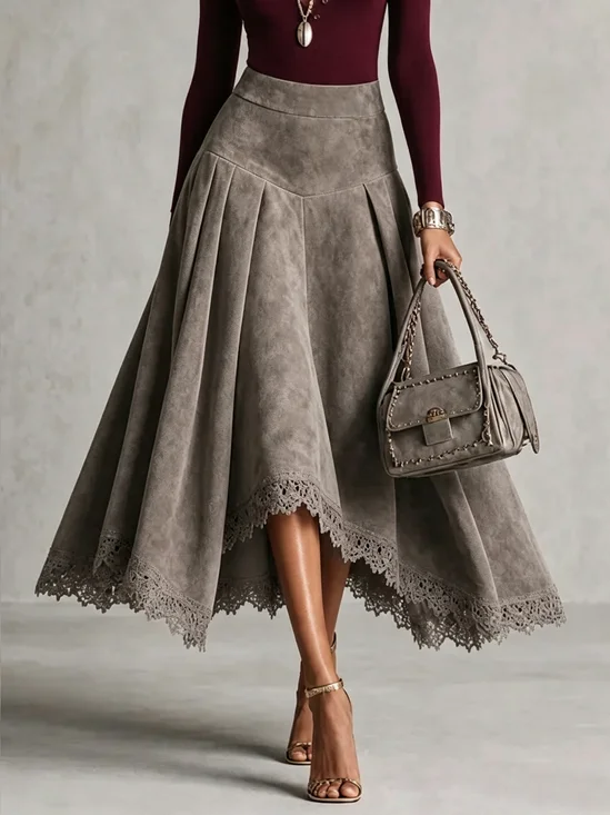 Urban Lace Edge Plain Midi Faux Leather Skirt