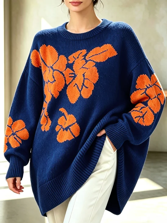 Casual Floral Crew Neck Loosen Sweater