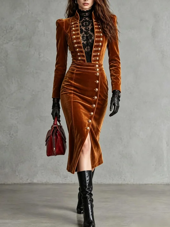 Elegant Plain Panel Split Stand Collar Faux Two-Piece Midi Dress