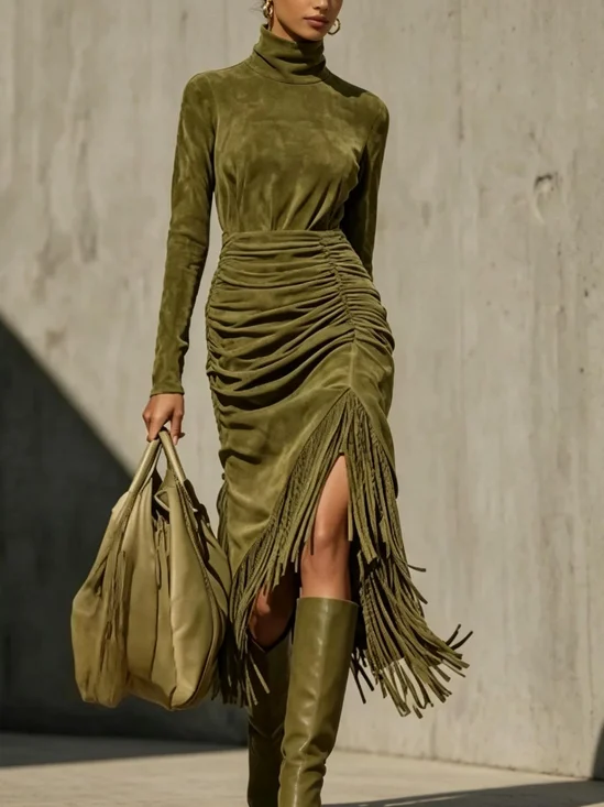 Casual Plain Tassel Stand Collar Midi Dress
