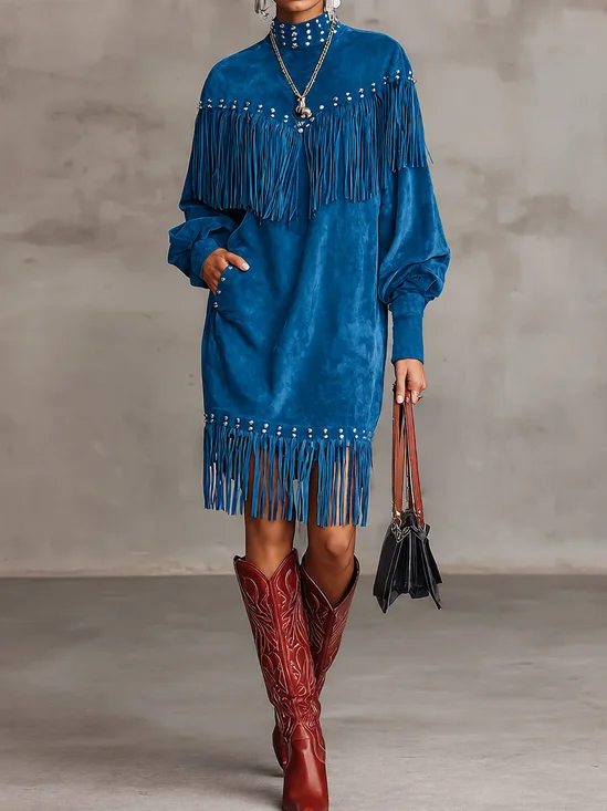 Suede Casual Plain Tassel Stand Collar Midi Dress
