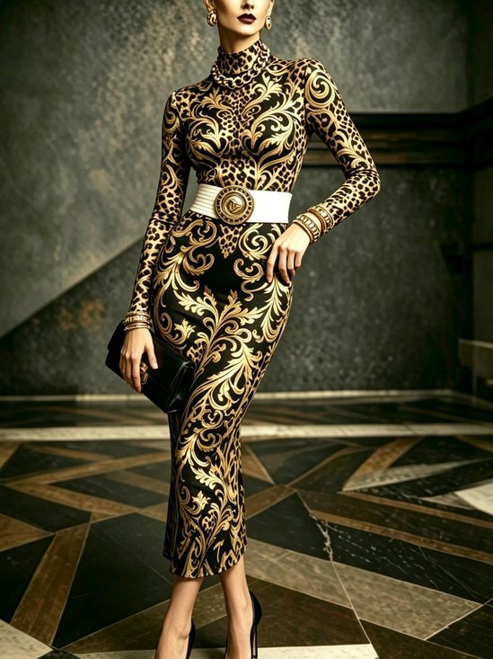 Elegant Paisley Printing Turtleneck Midi Dress No Belt