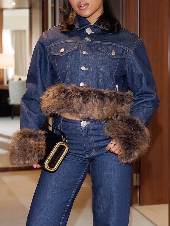 Casual Split Joint Plain Shirt Collar Denim Coat