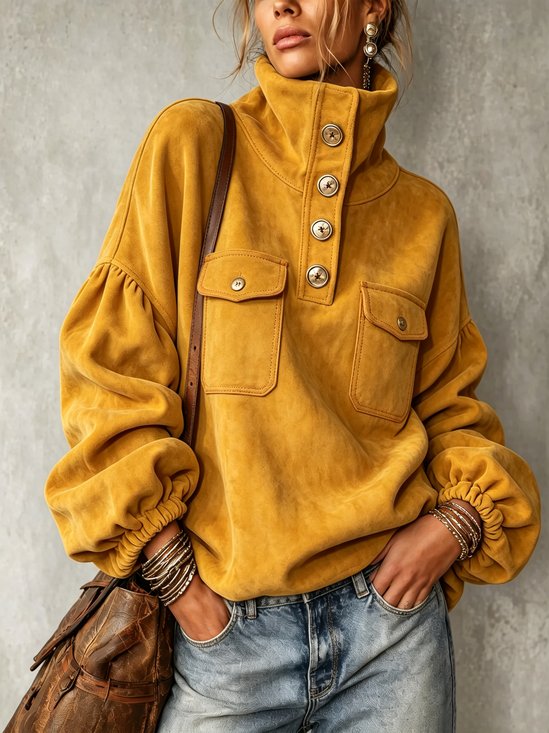 Suede Urban Plain Button Detail Turtleneck Faux Leather Top