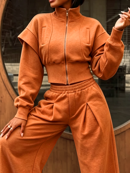 Casual Zipper Plain Stand Collar Jacket