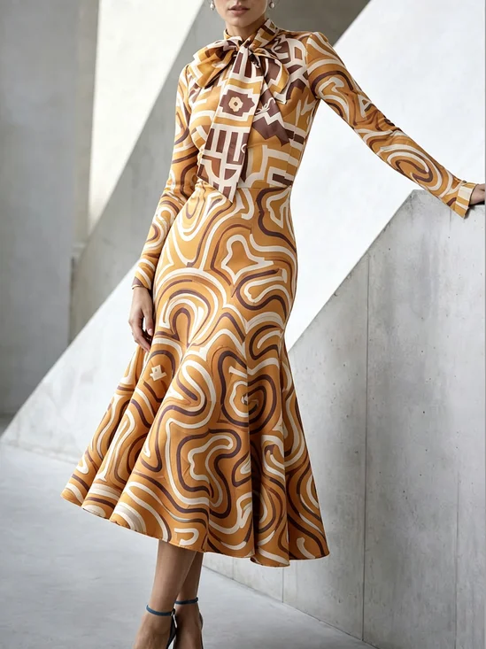 Elegant Random Print Printing Tie Neck Maxi Dress