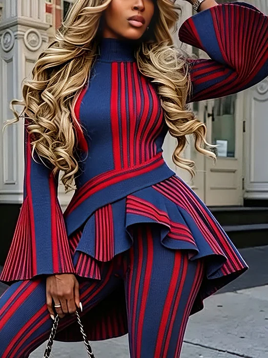 Casual Striped Printing Mock Neck Bell Sleeve Blouse