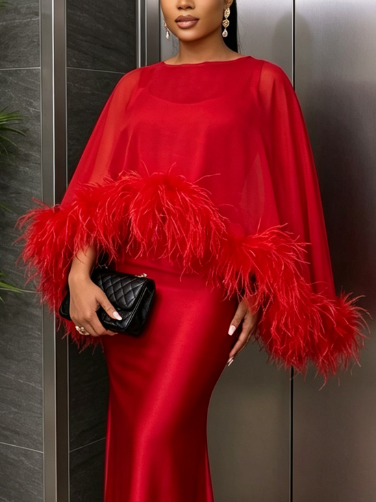 Satin Elegant Plain Feather-trimmed Crew Neck Blouse