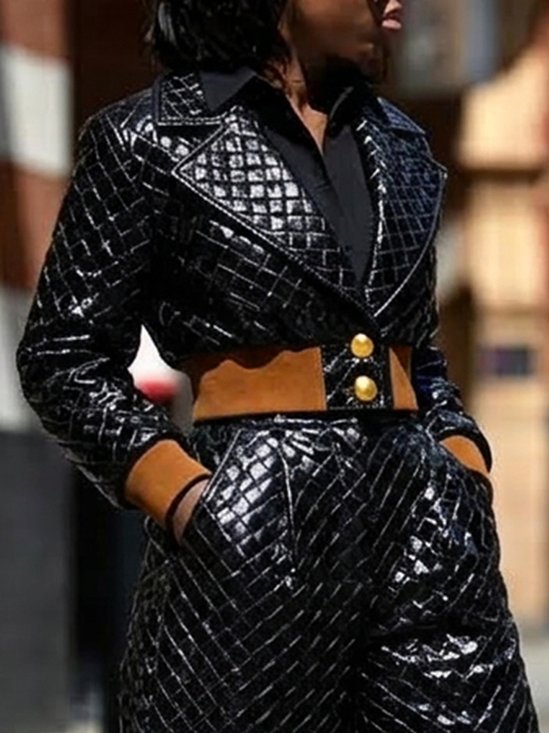 Urban Split Joint Color Block Lapel Collar Faux Leather Coat