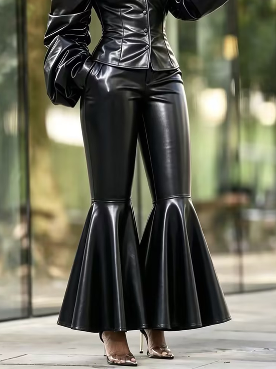 Urban Plain Flare Pants Faux Leather Pant