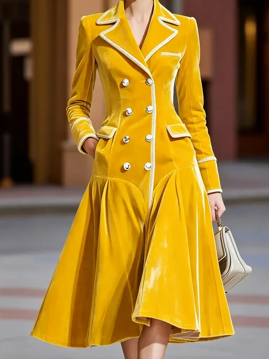 Elegant Plain Webbing Lapel Collar Midi Dress