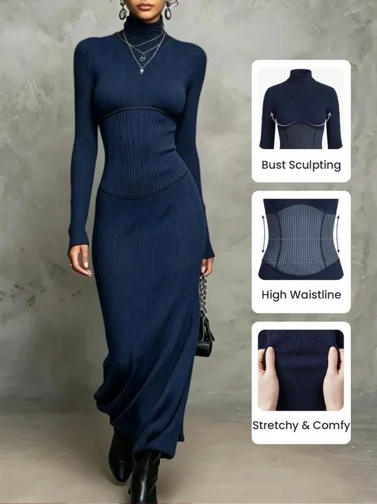 Casual Plain Turtleneck Sweater Maxi Dress