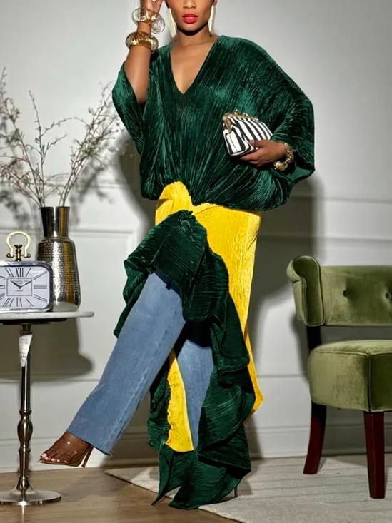Velvet Elegant Color Block Split Joint V Neck Blouse