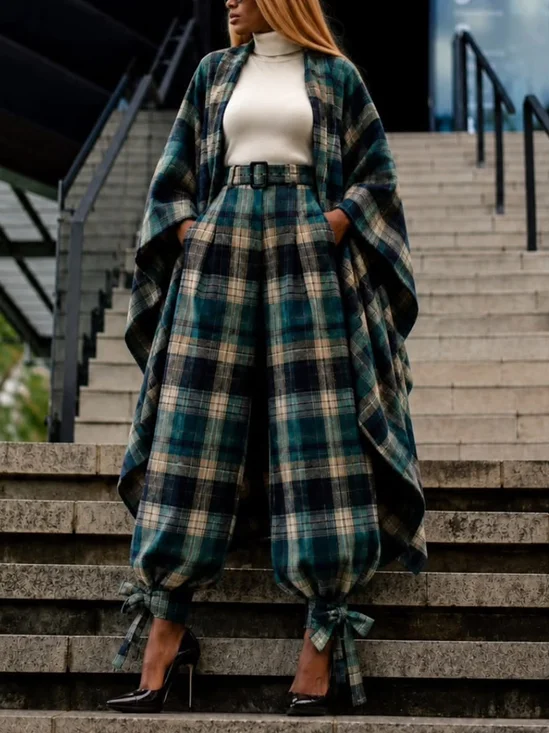 Urban Printing Plaid Crew Neck Kimono