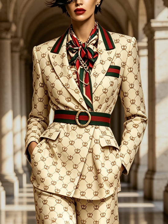 Urban Printing Geometric Lapel Collar Blazer With Belt