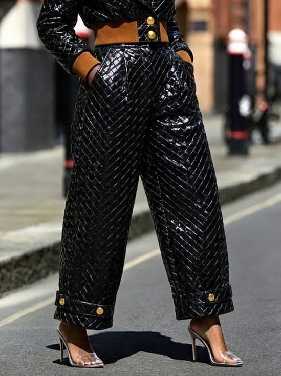 Urban Plain Button Detail Faux Leather Pants