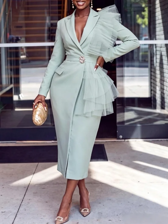 Elegant Plain Split Joint Lapel Collar Midi Dress With Belt