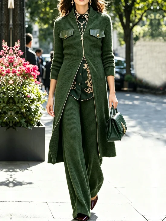 Casual Plain Stand Collar Mid-long Sweater Cardigan