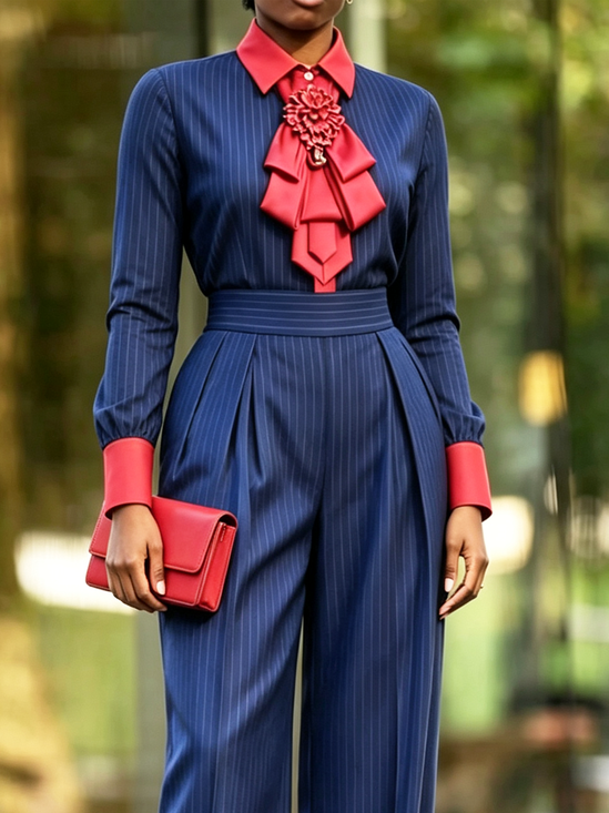 Urban Striped Shirt Collar Shirt Lncludes Bow Tie