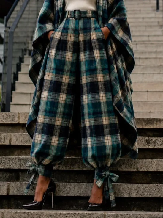 Urban Plaid Printing Ankle Banded Pants With Belt