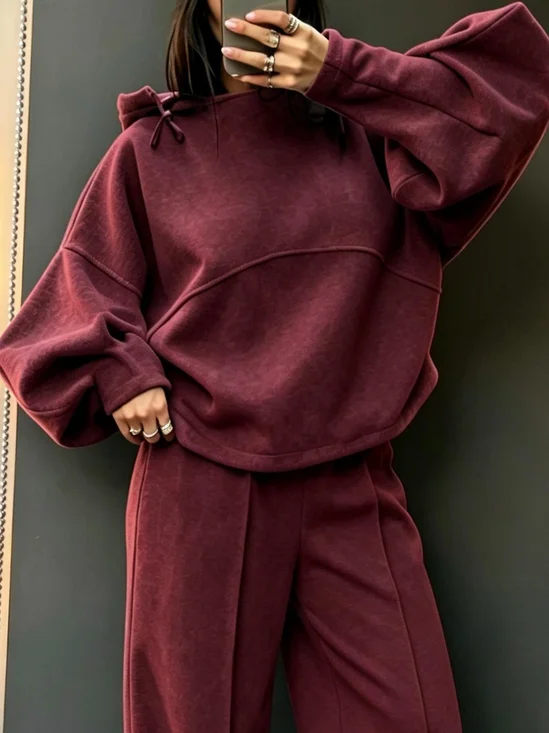 Cotton Casual Plain Balloon Sleeve Hoodie