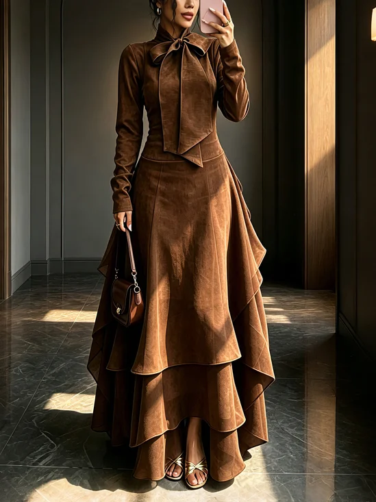Suede Elegant Plain Folds Tie Neck Maxi Dress
