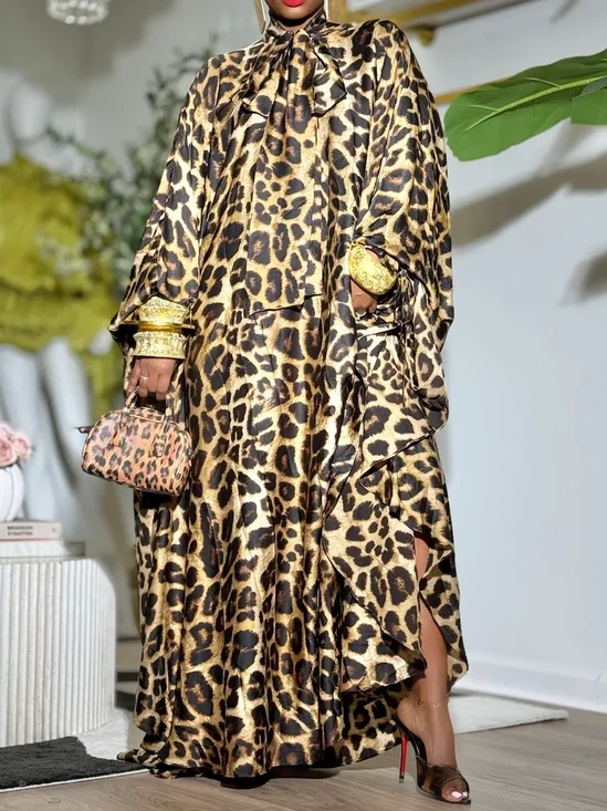 Urban Leopard Tie Neck Maxi Long Sleeve Dress