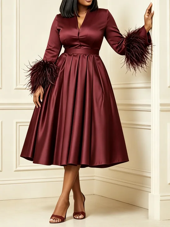 Elegant Plain Feather-trimmed V Neck Midi Dress